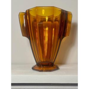 Vase Art Déco En Verre épais De Couleur Ambre Datant Des Années 30. République Tchèque.