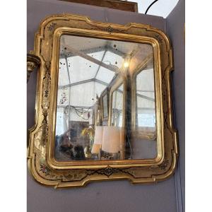 Miroir Italien 19e, En Bois Doré Décor Peint De Fleurs 