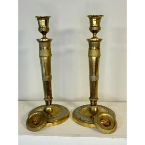 Pair Of Candlesticks With Quiver In Gilt Bronze, Circa 1800-1830