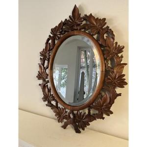 Oval Carved Wood Mirror With Foliage Decoration, Mercury Bevelled Mirror, 19th Century