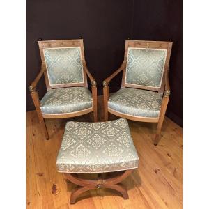 Pair Of Armchairs And Curule Stool, Restoration Period, 19th Century