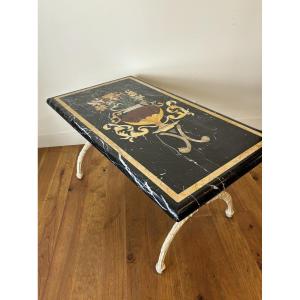 Marble Marquetry Coffee Table, Cream Patina Cast Iron Base, 20th Century, Italy