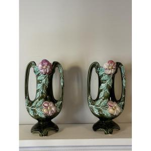 Pair Of Barbotine Vases, Fabrique De Vierzon. Ceramist Louis Gueule. Art Nouveau.