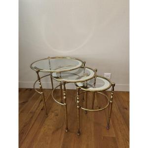 Set Of Three Hollywood Regency Style Brass Nesting/side Tables, 1970s