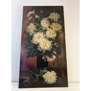 Huile Sur Toile Bouquet De Dahlias, 19e Siècle