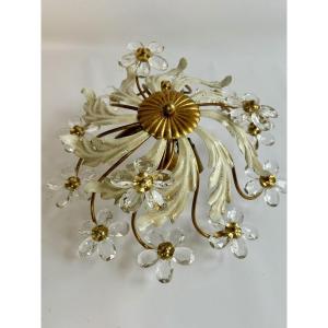 Vintage Ceiling Light In Painted And Gold Metal, Crystal Flowers, 70s