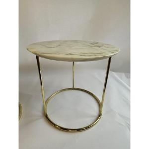 Table d'Appoint / Bout de canapé En Marbre Blanc Biseauté & Laiton, Années 70, Italie