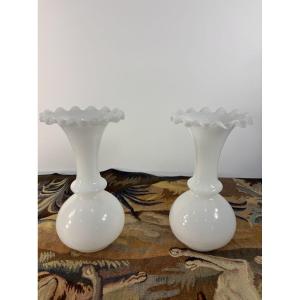 Pair Of White Opaline Glass Vases, Late 19th-early 20th Century