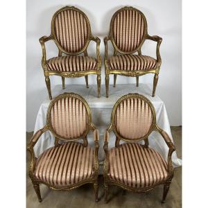 Set Of Four Armchairs With Medallion Backs In Carved Gilded Wood, 19th Century