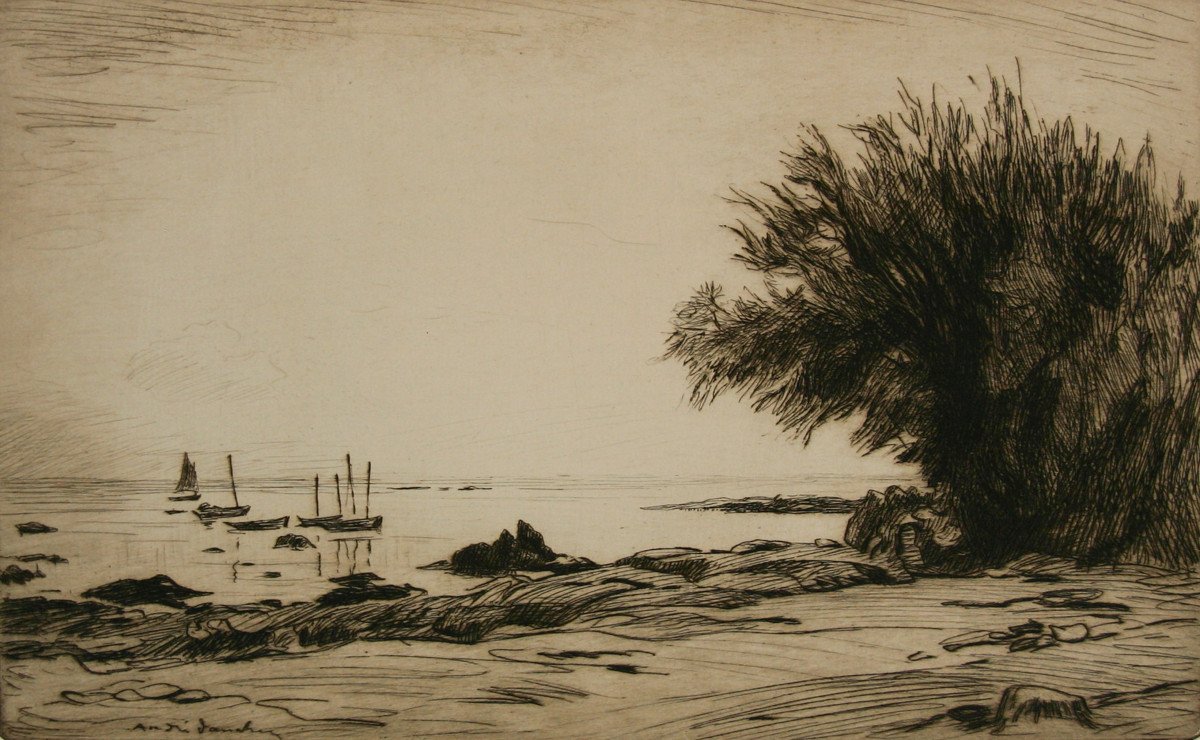 Les tamaris, Bretagne, gravure d'André Dauchez