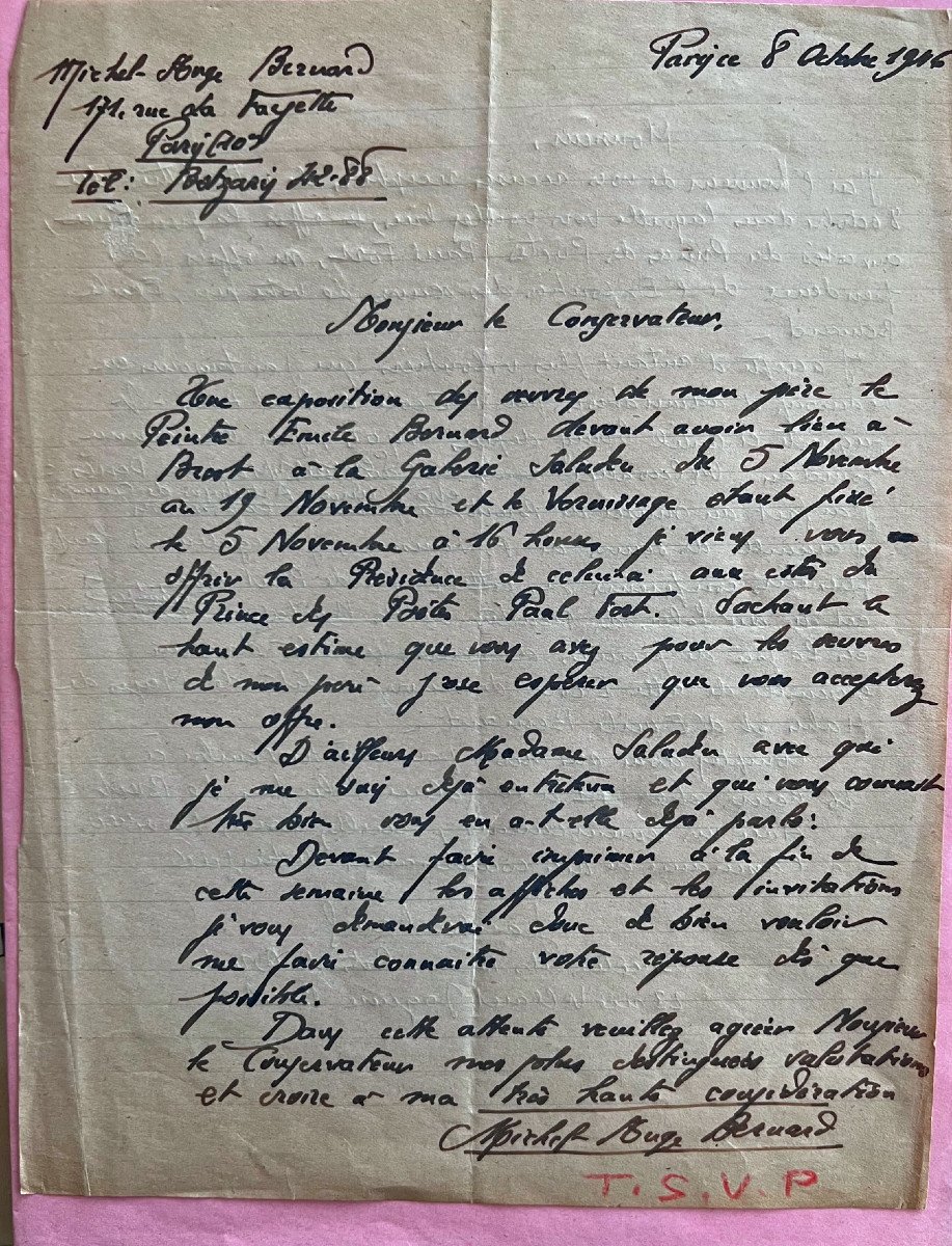 Letter From Michel Angelo Bernard, Emile Bernard Exhibition, 1946