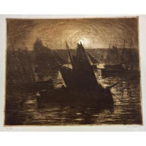Charles Cottet, Barques de pêche au soleil couchant, 1905, Bretagne.