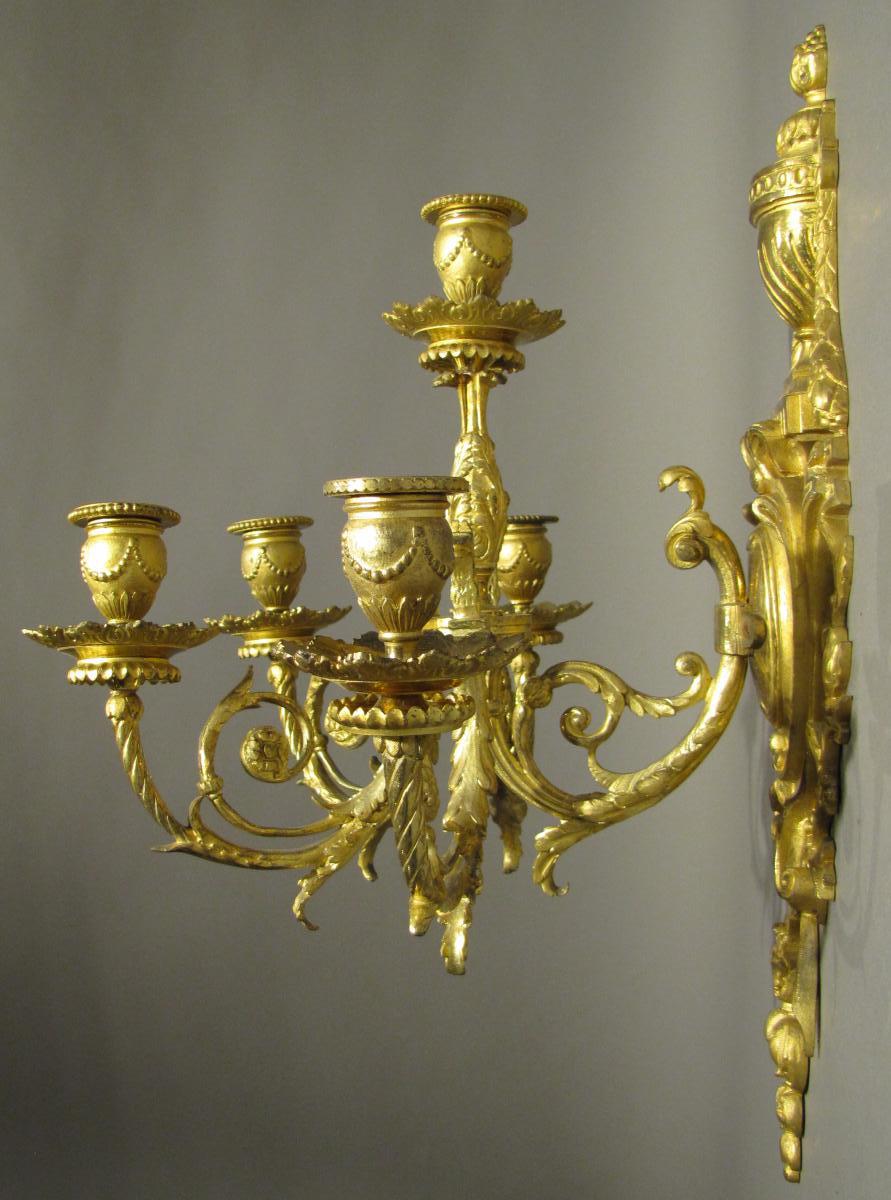 Paire d'Appliques 5 Feux En Bronze Doré De Style Napoléon III-photo-2