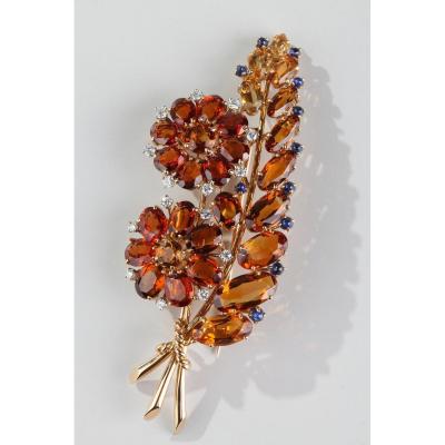 Grande Broche Citrines Et Saphirs