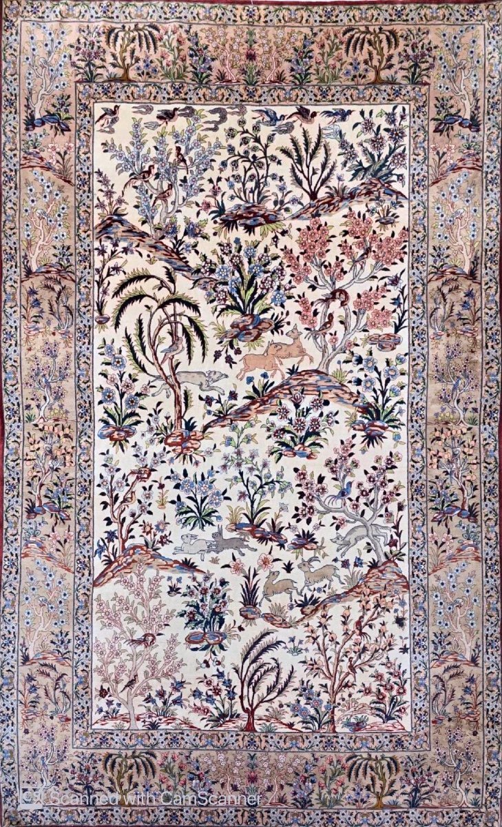   Isfahan Carpet, Persian Hunting Scene In Wool And Silk