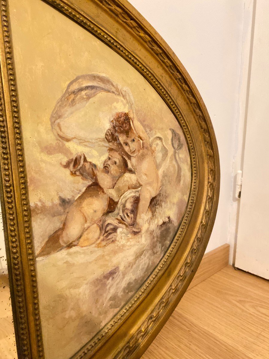 Oval Beveled Gold Mirror Surrounded By Two Cherub Paintings 110cm X 70cm-photo-3