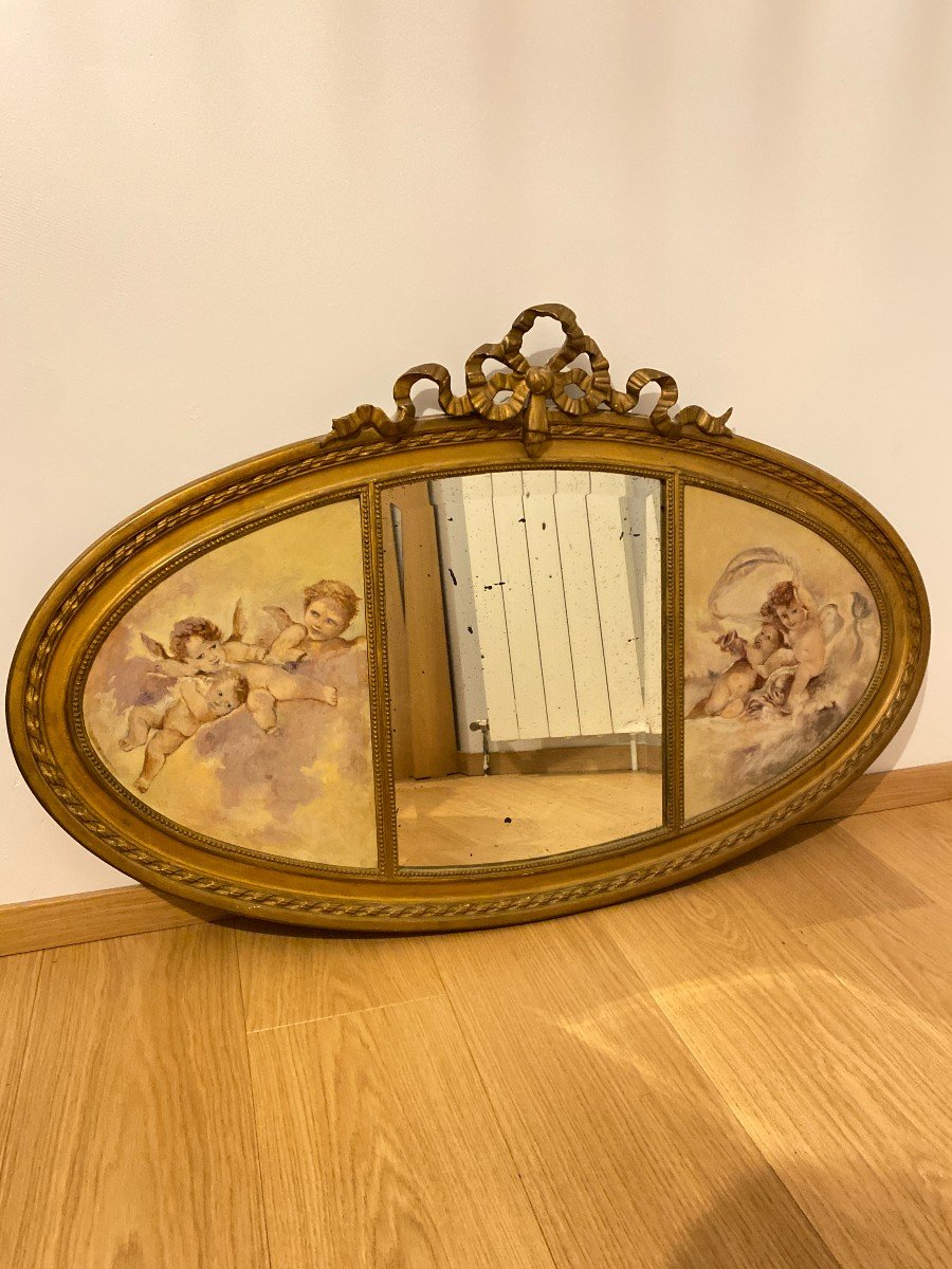 Oval Beveled Gold Mirror Surrounded By Two Cherub Paintings 110cm X 70cm