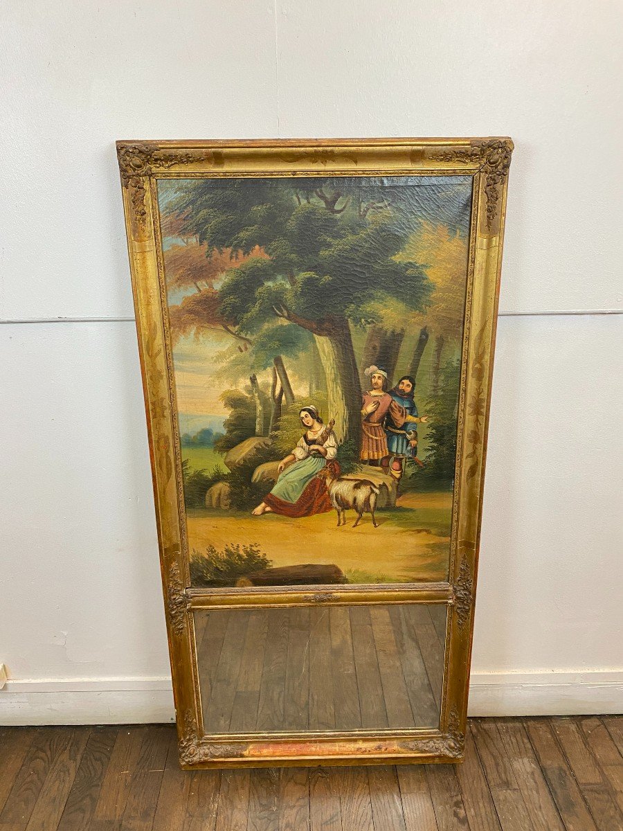 19th Century Gilded Wood Trumeau With Romantic Scene - 69cm X 140cm