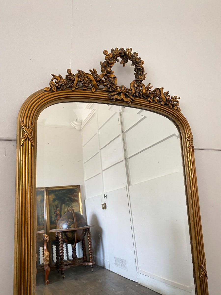 Grand Miroir Louis XVI Doré à La Feuille D’or Du XIXème Siècle - 77cm X 145cm-photo-5