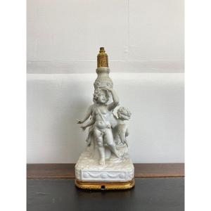 Lamp Base With Putti In Biscuit And Gilt Bronze Late 19th Century - Empire Style