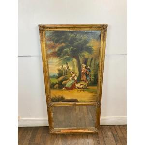 19th Century Gilded Wood Trumeau With Romantic Scene - 69cm X 140cm