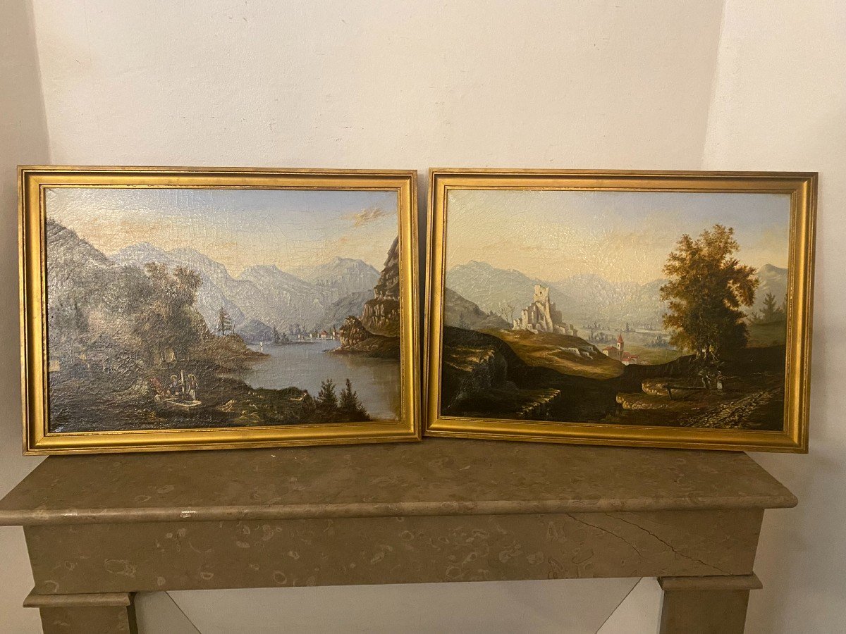 Pair Of Landscapes, Swiss School, 19th Century-photo-2