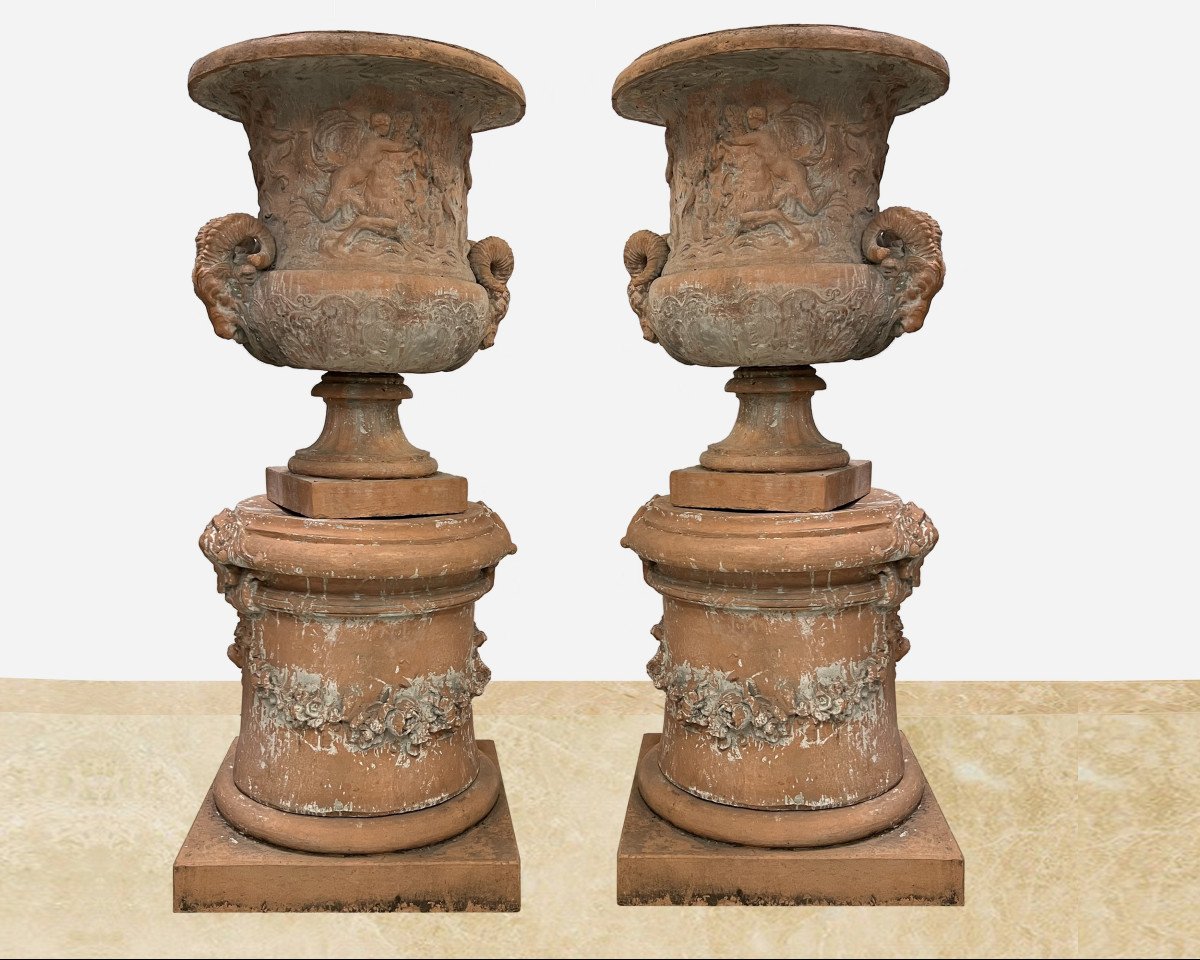 Monumental Pair Of Medicis Vases On Columns, In Terracotta France, Circa 1950