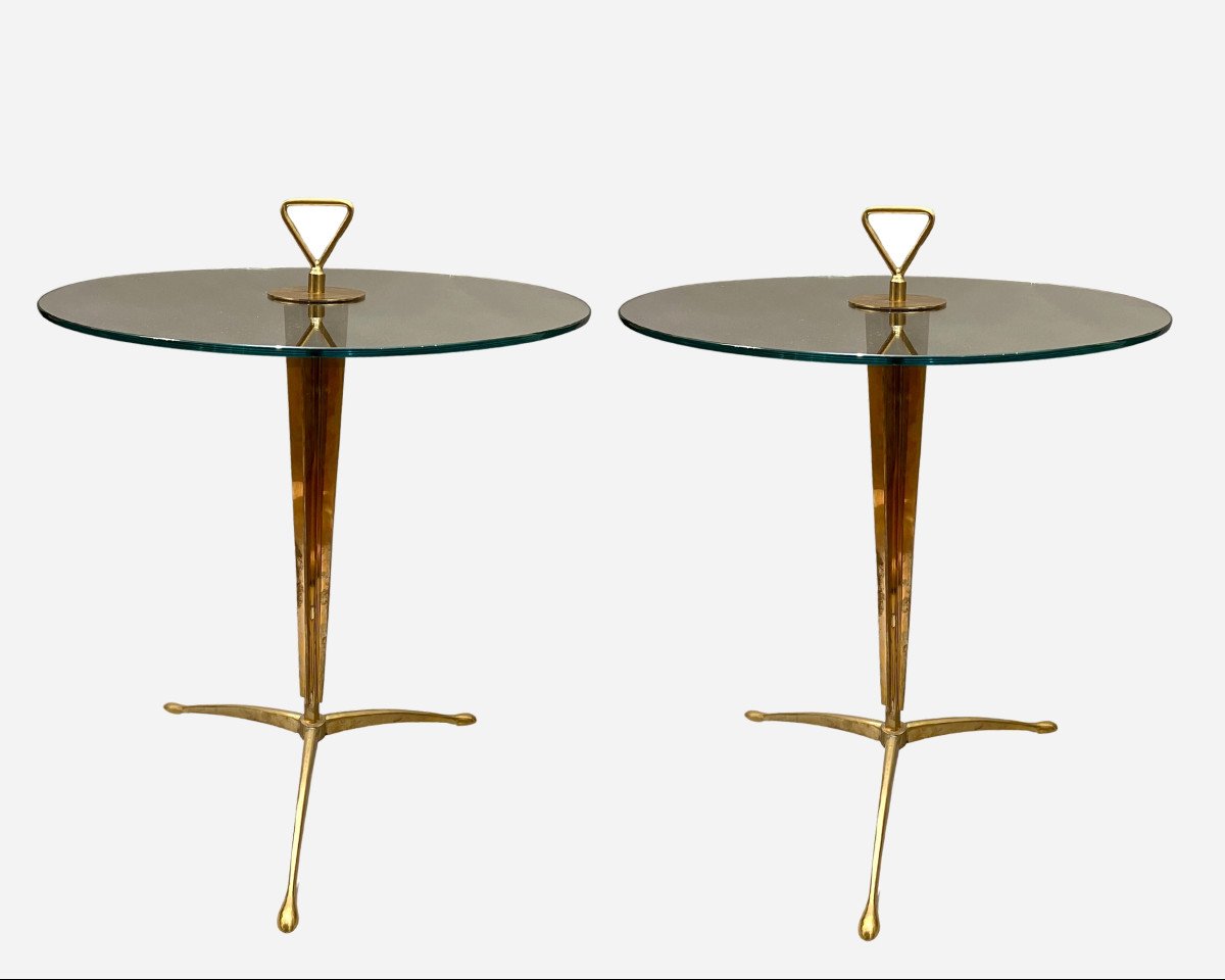 Pair Of Round Glass And Brass Pedestal Tables, Italy, Circa 1970