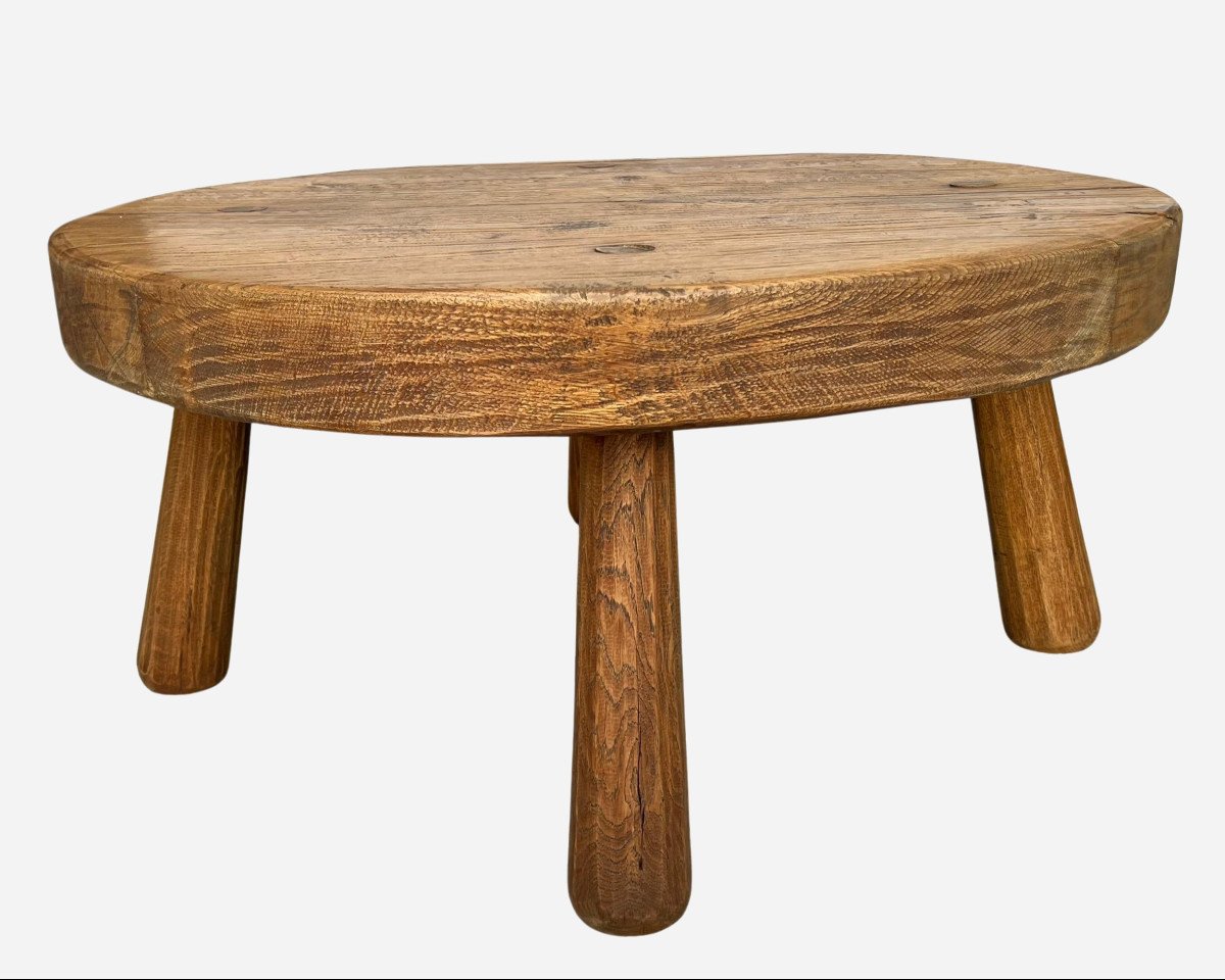 Large “brutalist” Coffee Table In Solid Oak, Belgium Or France, Circa 1950