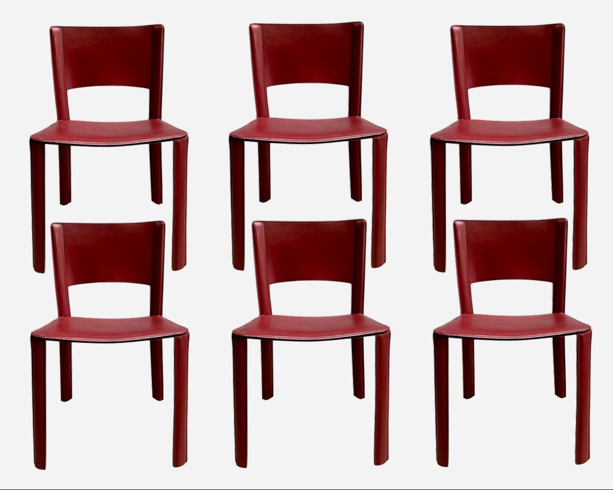 Set Of Six Chairs In Red Leather, Cidue, Italy, Circa 1970