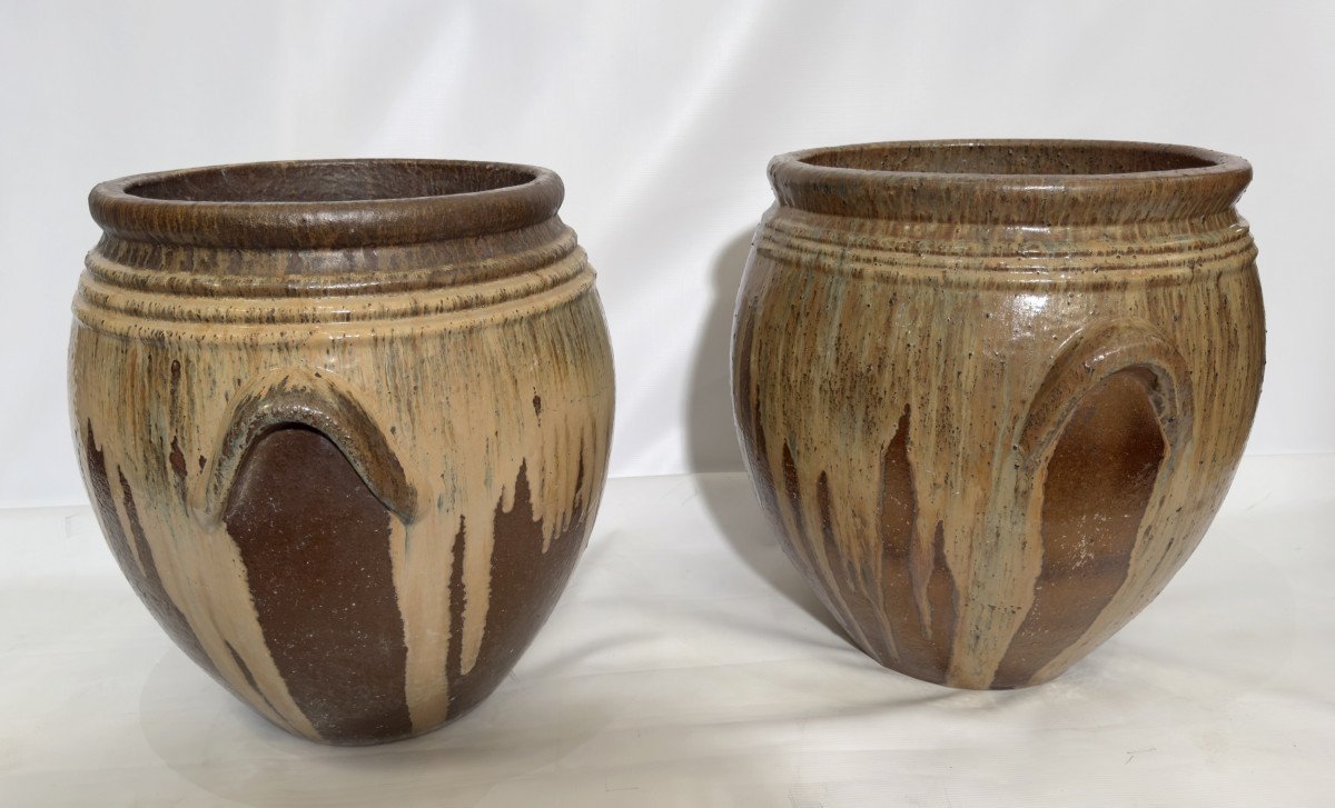 Pair Of Large Planters In Glazed Stoneware Aubenas, France, Circa 1930-photo-3