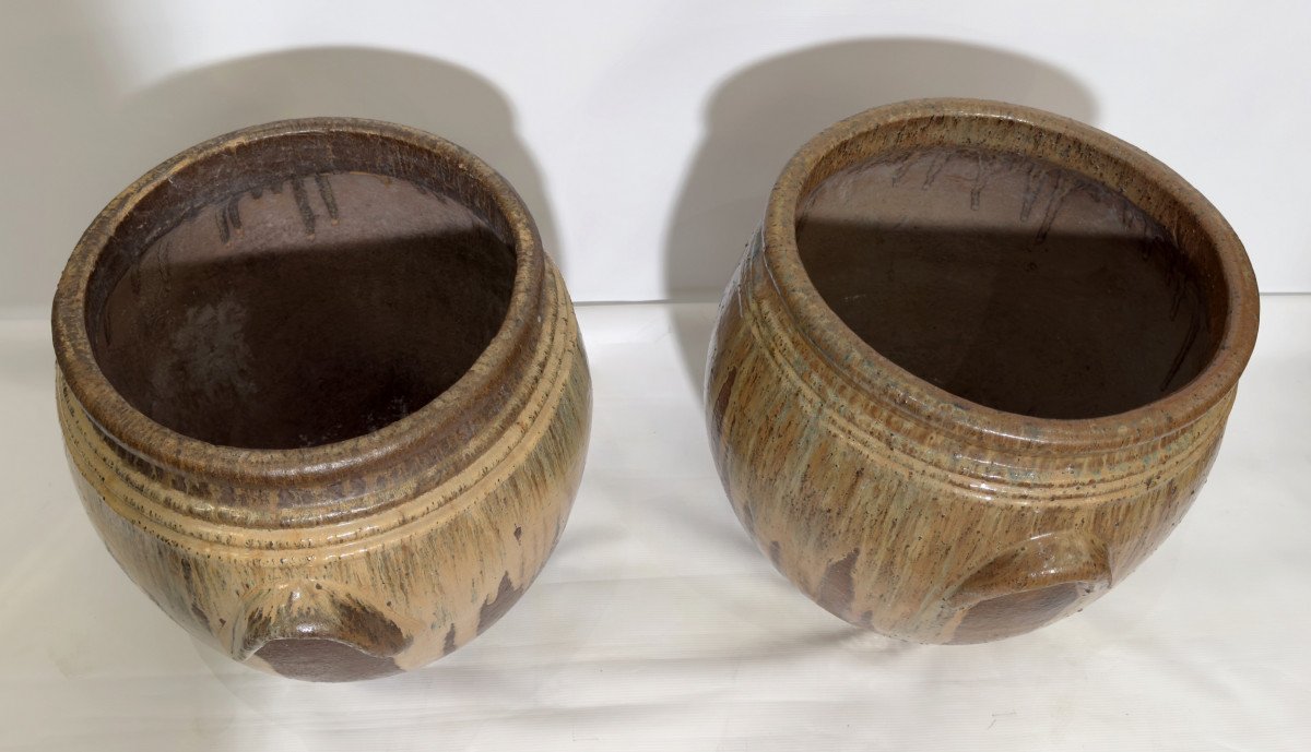 Pair Of Large Planters In Glazed Stoneware Aubenas, France, Circa 1930-photo-3