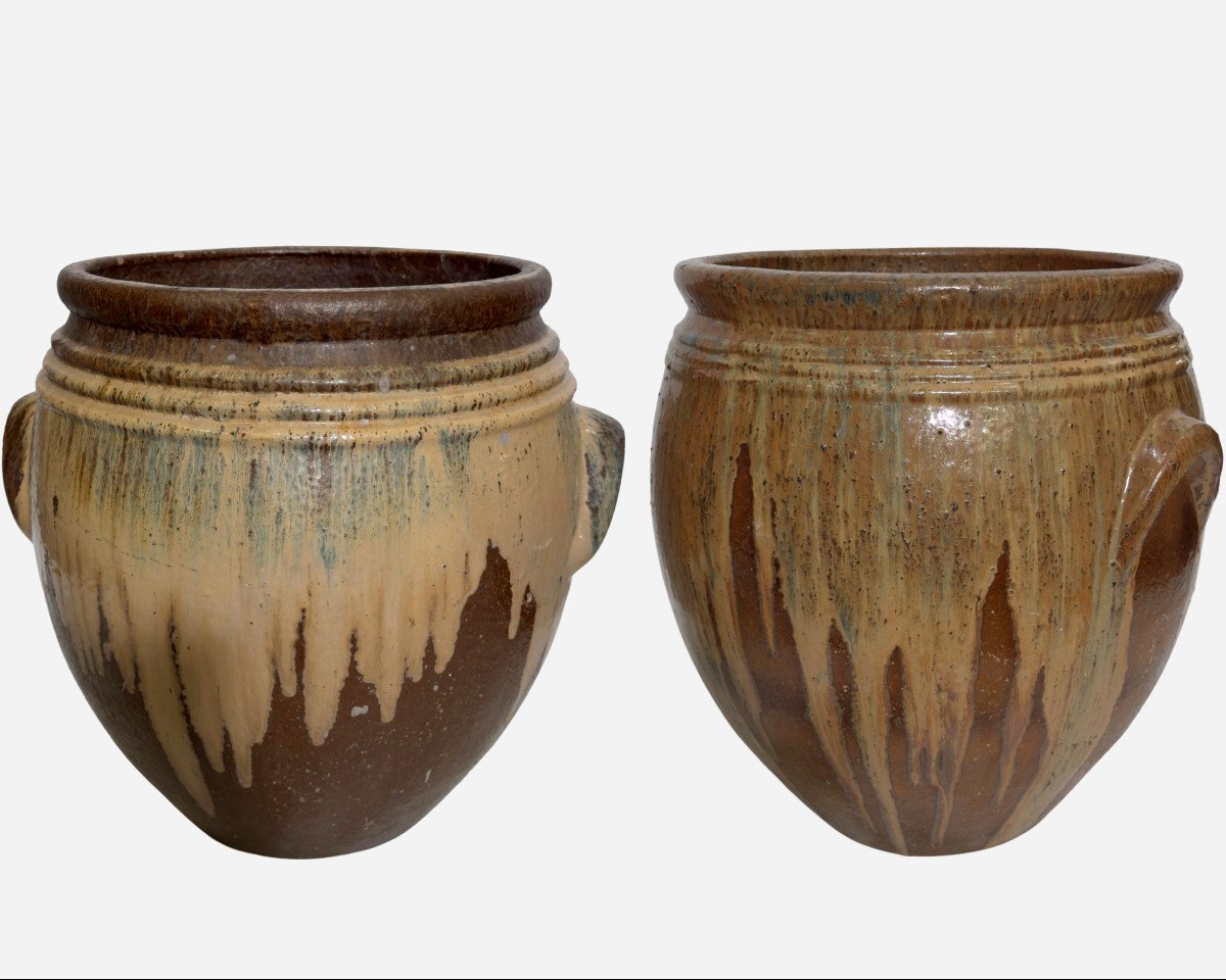 Pair Of Large Planters In Glazed Stoneware Aubenas, France, Circa 1930