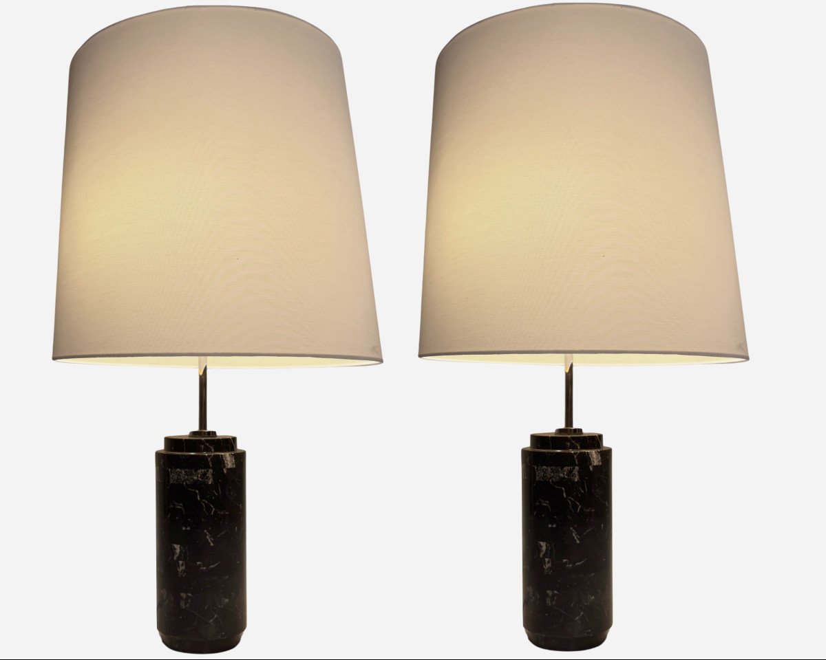 Paire De Lampes En Marbre Noir à Abat-jour Coulissant, Par F. Knoll, Knoll Intl, Vers 1960