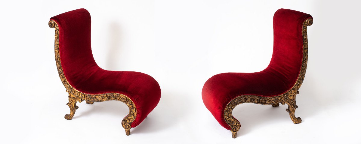 Rare Pair Of Carved Gilded Wood And Velvet Chairs Portugal, Circa 1880