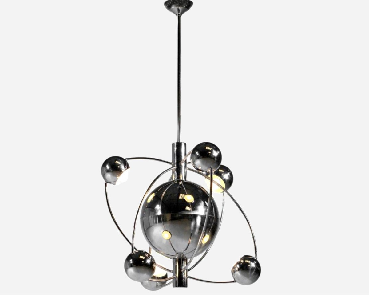 Lustre « Satellite » En Métal Chromé, Par Goffredo Reggiani, Reggiani, Italie, Vers 1960 