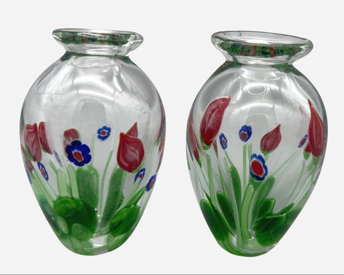 Paire De Petits Vases En Verre Soufflé à Inclusions De Murines, Murano, Italie, Vers 1980 -photo-2