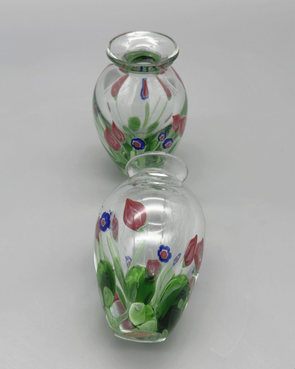 Paire De Petits Vases En Verre Soufflé à Inclusions De Murines, Murano, Italie, Vers 1980 -photo-1