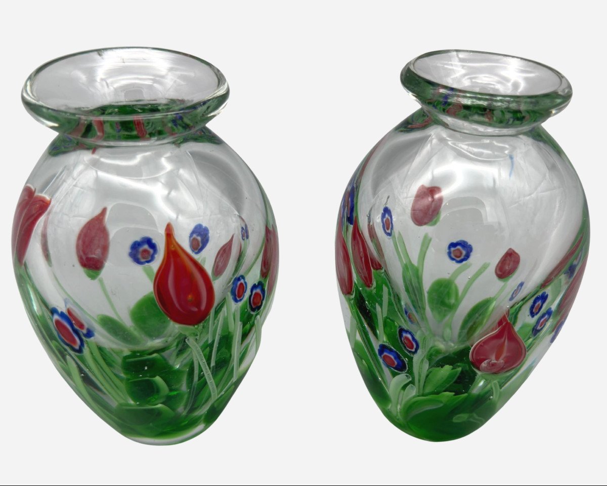 Paire De Petits Vases En Verre Soufflé à Inclusions De Murines, Murano, Italie, Vers 1980 