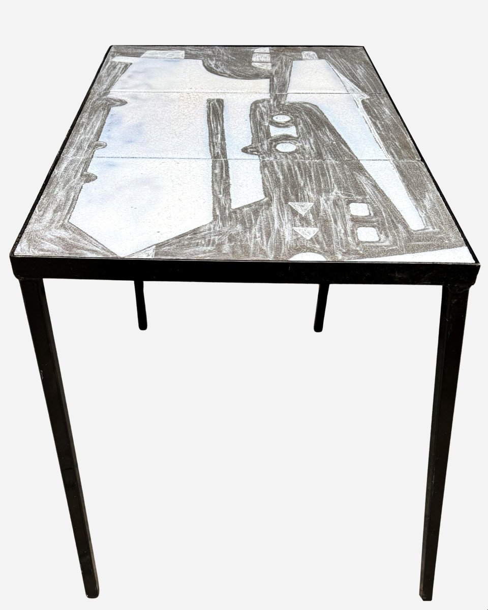 Rectangular Pedestal Table With Glazed Terracotta Top By R. & J. Cloutier, France Circa 1960-photo-2