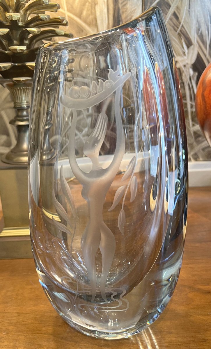 Vase En Verre Gravé, éditions Orrefors, Suède, Vers 1950-photo-3