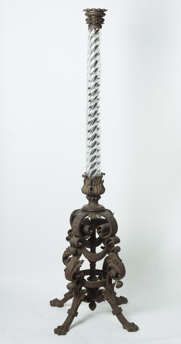 Large Floor Lamp, Working On Oil, Crystal And Wrought Iron. England 19th Century.-photo-3