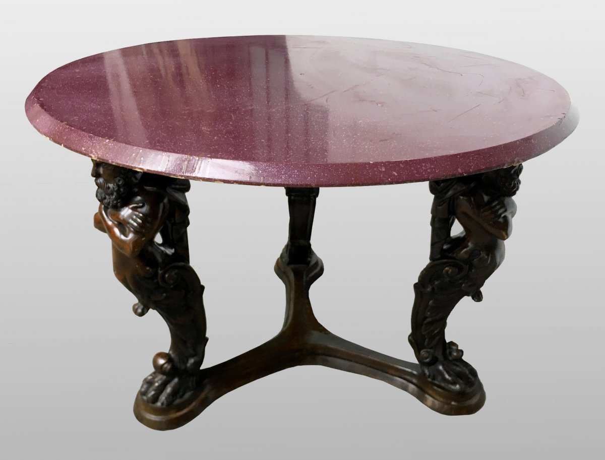 Large Italian Pedestal Table In Bronze, Tray Painted In Imitation Of Porphyry