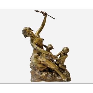 Young Woman With A Distaff Playing With A Child, Bronze Group, By Raoul-françois Larche, Paris,