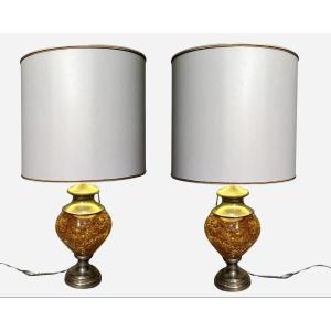 Pair Of Lamps In Fractal Resin And Nickel-plated Metal, France, Circa 1970