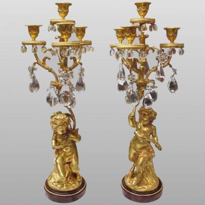 Pair Of Girandoles In Gilded Bronze With Crystal Pendants