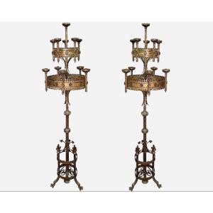 Pair Of Large Church Candelabras In Bronze And Patinated Brass, France, Circa 1880