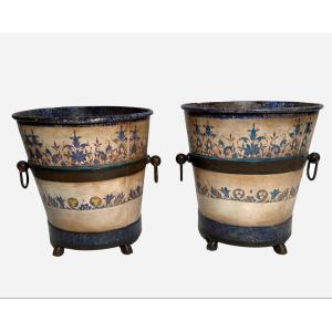 Pair Of Painted Sheet Metal Planters, France, Circa 1930/1940