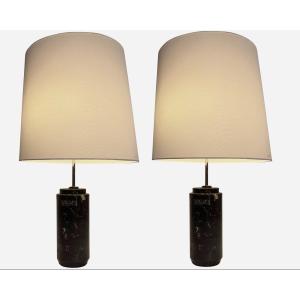 Pair Of Black Marble Lamps With Sliding Shade By F.knoll, Knoll Intl, Circa 1960