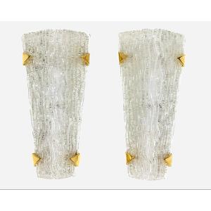 Pair Of Glass Lighting Sconces, Editions Maison Arlus, Paris, France, Circa 1960